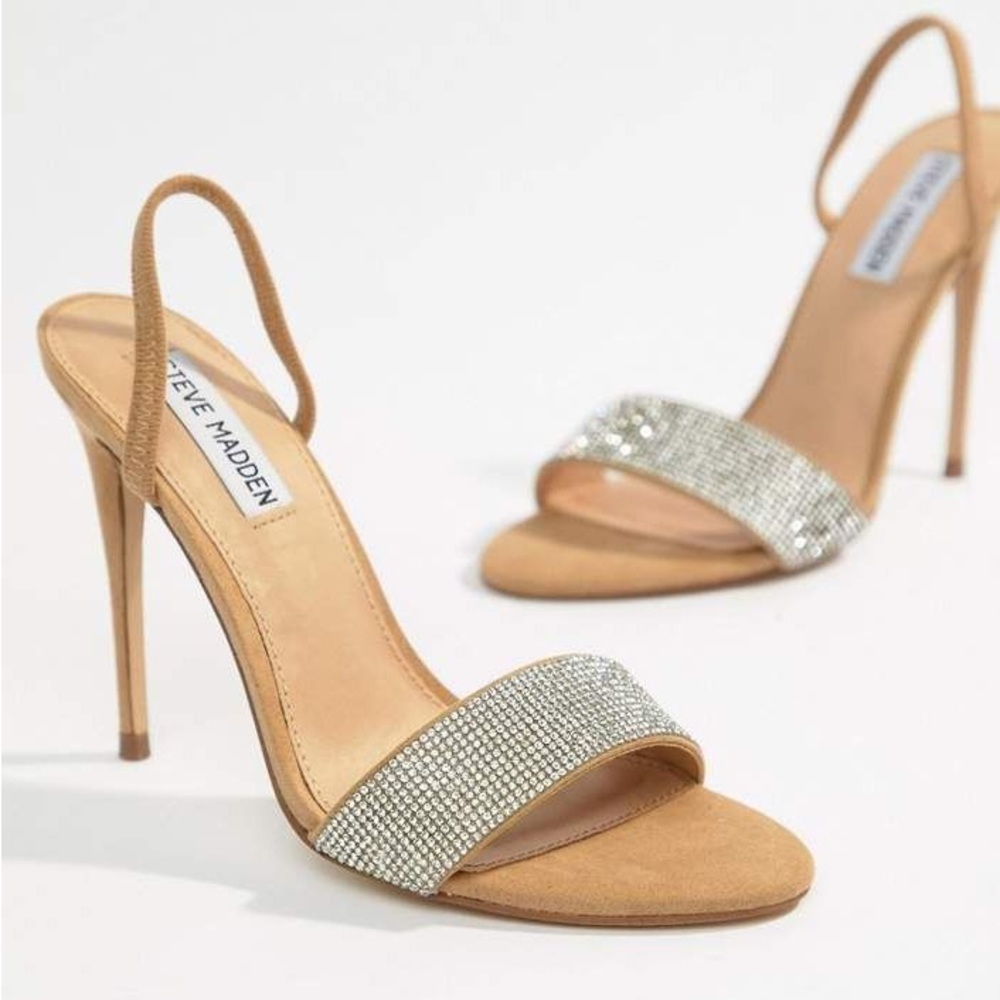 NIB Steve Madden Fierce Rhinestone High Heel Sandal in Tan/Silver - 7.5